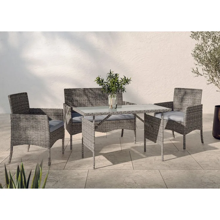 KONIFERA Gartenlounge-Set Balkonset »Ronda«, (Set, 7-tlg, 1x2er Sofa, 2 Sessel, Tisch 56x110x65 cm, inkl. Auflagen), Stahl/Polyrattan