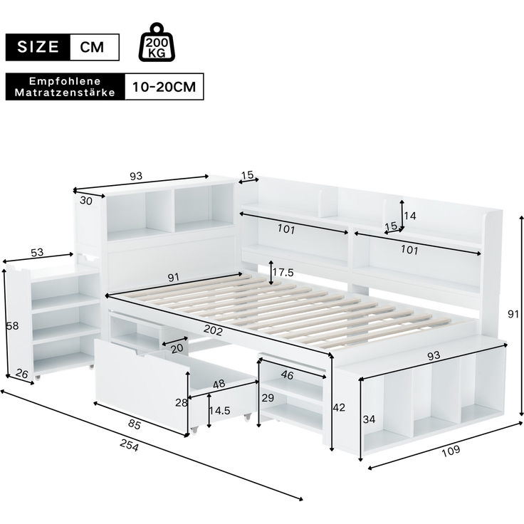 Merax Kinderbett mit Schubladen, Bücherregal & Stauschrank, mit Lattenrost, ohne Matratze, Plywood weiß, 90 x 200 cm – Bild 4