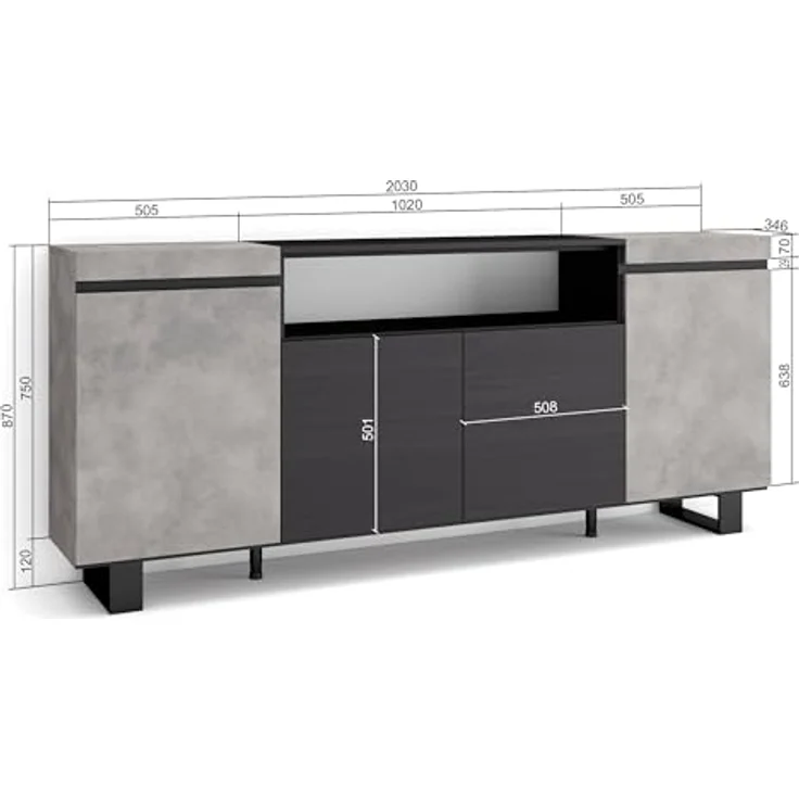 Skraut Home | Sideboard, Highboard | Kommode, Komodenschrank | 200x87x35cm | 4 Türen | Industriedesign | Moderner Stil | Zement – Bild 5