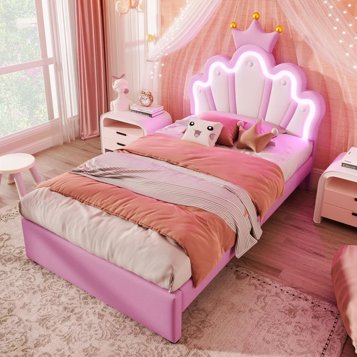 Polsterbett, 90 x 200 cm, Ohne Matratze, Ferngesteuertes Ambientelicht, Bett mit 2 Schubladen, Prinzessinnenbett in Kronenform, Verstellbares Kopfteil, PU, Rosa – Bild 6