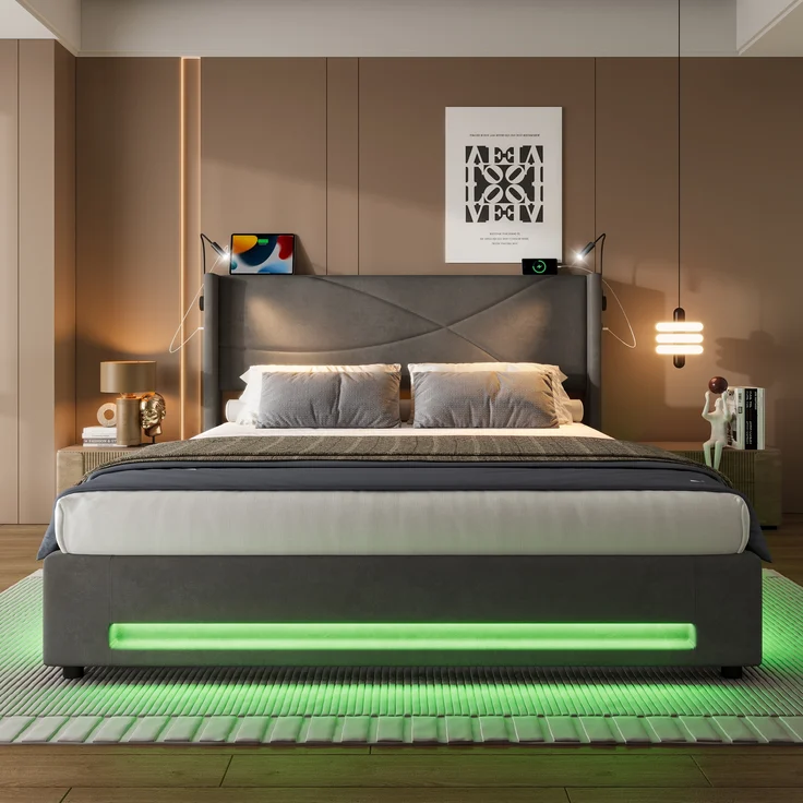 LVHOM Boxbett 160x200cm, Bettgestell mit integrierter Beleuchtung & Stauraum, USB/Typ-C-Ports, XXL-Hydraulik-Storage, platzsparend & Smart-Home-Anschlüssen – Bild 5