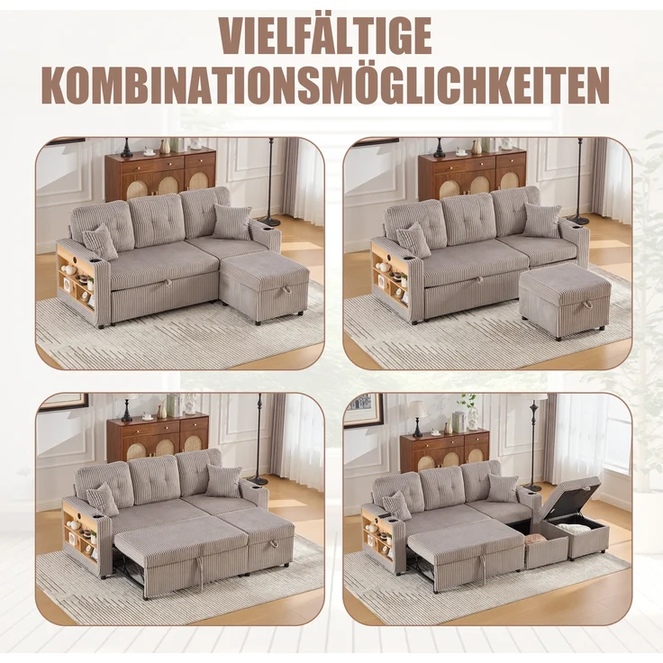 LVHOM Schlafsofa mit LED & USB, Ecksofa mit Ablagefächern, Schublade und Becherhaltern, Schlafcouch aus Cordstoff, frei Kombination, 196x144x85 cm – Bild 3