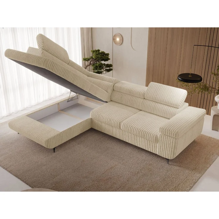 GRAINGOLD Ecksofa ARGON mit Bettfunktion, Bettkasten, Einstellbaren Kopfstützen, Cord-Stoff, Beige, Links – Bild 5