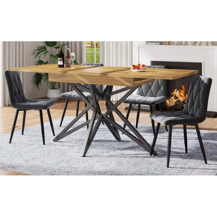 Ausziehbarer Esstisch 120 (160) x 80 cm, ausziehbarer Küchentisch, Frühstückstisch, sternförmige Tischbeine, schwarze Eisenbeine, Tischplatte aus Walnussholz/Marmorimitat – Bild 2