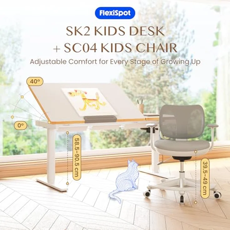 FlexiSpot Kinderschreibtisch, Elektrisch Höhenverstellbarer Schreibtisch mit neigbarer Tischplatte mit LED-Höhenanzeige, 3 Speicherplätzen, Kindersicherung, 110x52 cm (SK2 Kindertisch und Stuhl SET) – Bild 4