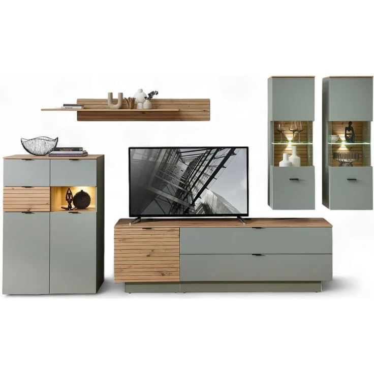 Stella Trading INA Wohnwand Komplett-Set in Schilfgrün, Artisan Eiche Optik FSC-Zertifiziert - Moderne Schrankwand 6-teilig mit LED-Beleuchtung für Ihr Wohnzimmer - 340 x 200 x 44 cm (B/H/T)