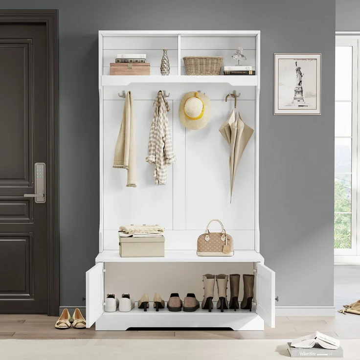 Schrank mit integrierter Sitzbank, Stauraum, Silent Soft-Close Türen, offenen Fächern und 4 Haken – Bild 4