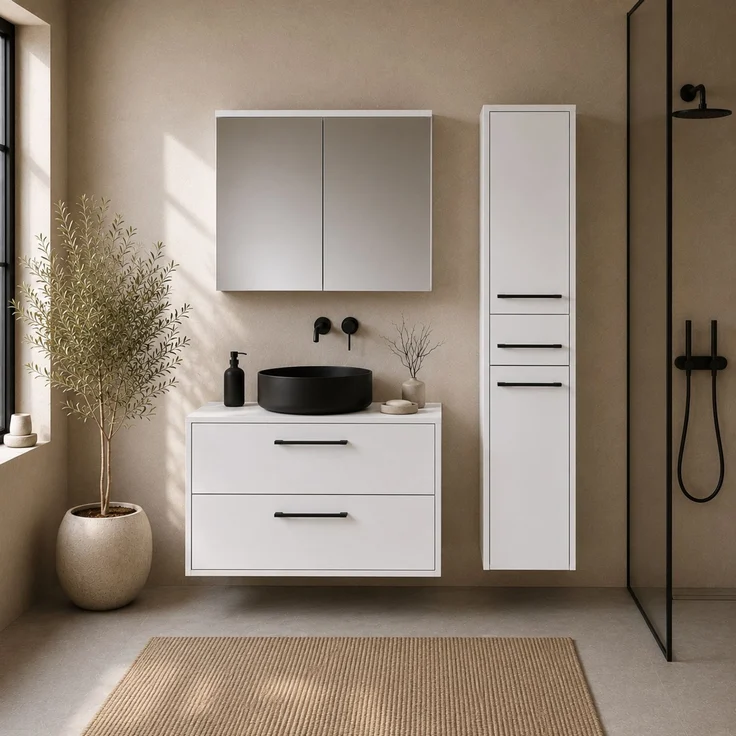 Badplaats Waschtischunterschrank-Set Florence 80 x 46 cm - Matt Weiß - mit Spiegelschrank und Hochschrank – Bild 2