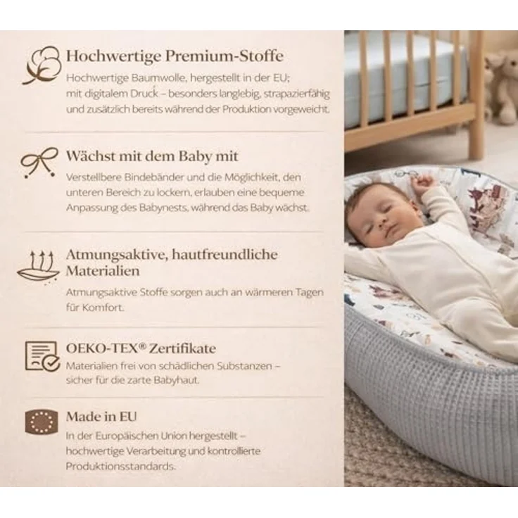 Babynestchen Neugeborene – Nestchen Baby aus Waffel Baumwolle & Baumwollstoff – Babynest für Babybett & Kinderbett – Baby Kokon Tragbar – OEKO-TEX – Zubehör für Babybett - Schule der Magie und Grau – Bild 3