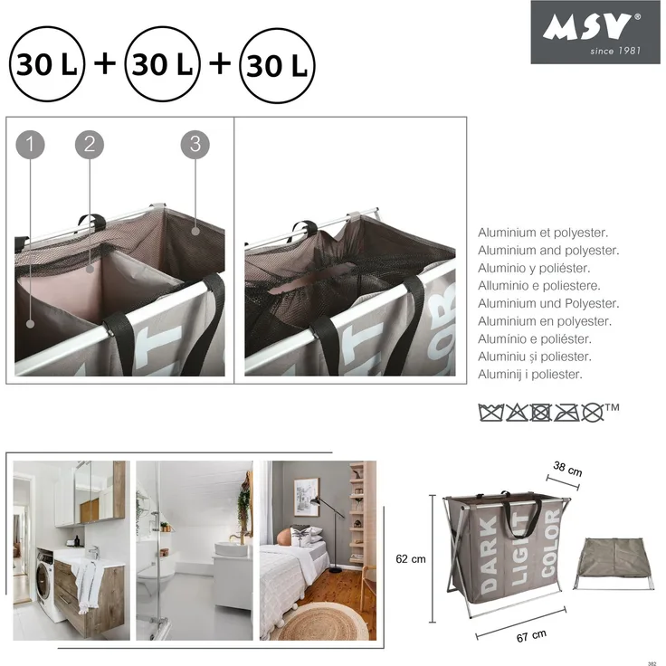 MSV Wäschekorb „Trio“ Wäschesortierer Wäschebox Wäschesammler mit 3x30 Liter