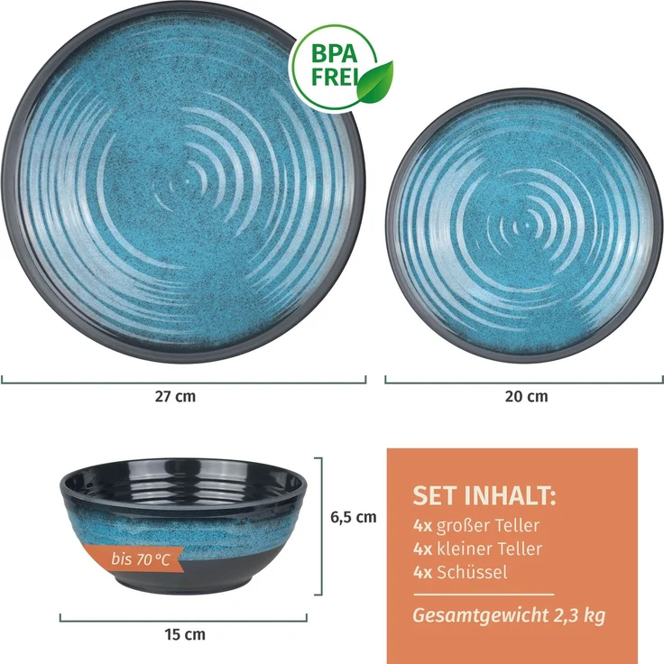 Moritz Camping Tafelgeschirr aus Melamin für 4 Personen 12-teilig | spülmaschinenfest | Picknick Geschirrset | Geschirr Campinggeschirr I Stone Blue Design – Bild 2