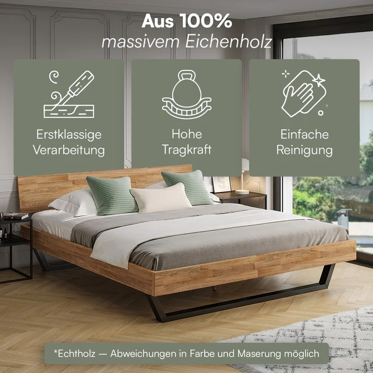 skølm 'Alver' Bett 180x200 cm, Bettgestell, natur geölt, Massivholzbett aus Eiche mit Metallkufen, Doppelbett mit durchgehendem Bettkopf – Bild 3