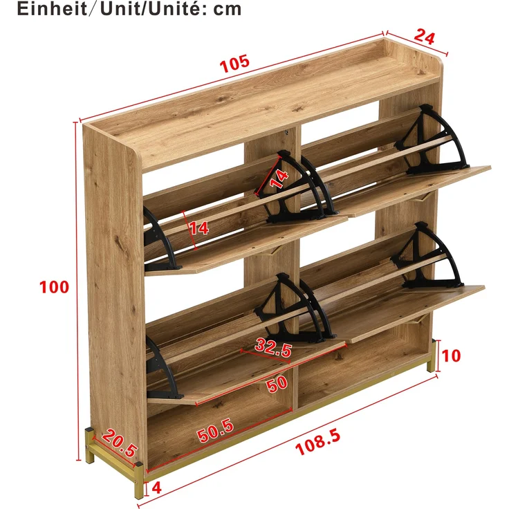 Schuhschrank aus MDF mit Metallgestell & oberer Ablage, 108,5x24x100 cm, Holzfarbe – Bild 10