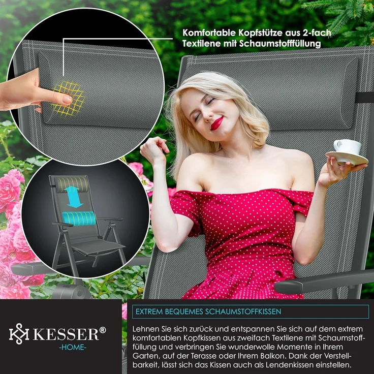 KESSER® Gartenstuhl Hochlehner mit Armlehnen | Aluminium Klappstuhl inkl. Kopfkissen Campingstuhl 7-Fach Verstellbar Rückenlehne | Atmungsaktiv & Wetterfest | Klappbar & Anti-Rutsch Anthrazit, 1 Stück – Bild 7
