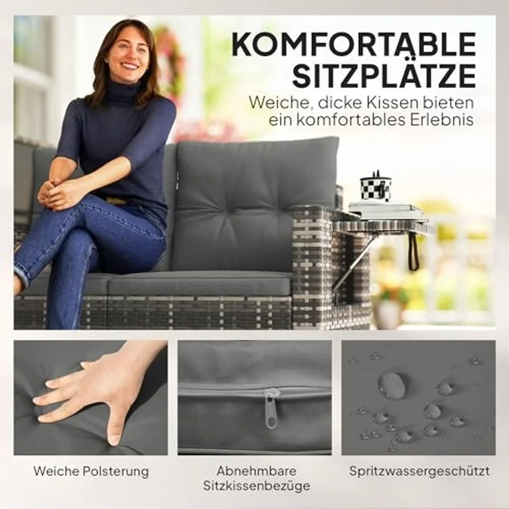Outsunny Gartensofa mit Kissen, Klappbar Seitentabletts, Loungesofa 1 Teile, für Garten Terrasse Balkon, Poly Rattan Hellgrau – Bild 7