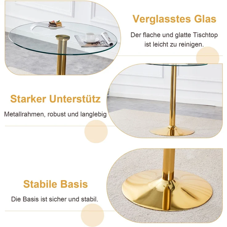 Esstisch-Set als Bartisch, 92x89x89 cm, Glas/Metall in Gold mit 2 transparenten Barhockern – Bild 9