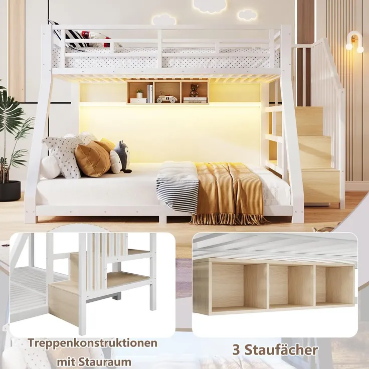 Etagenbett mit 2 Schlafgelegenheiten, Lattenrosten, Regal, Rausfallschutz und LED-Streifen, Treppe mit Regal, 90/140x200 cm, Kinderbett, Metallbett – Bild 5