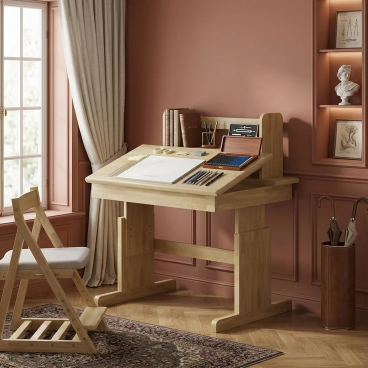 ZUBALIYA klappbare Tischplatte / Kindertisch, mit sicherheitszertifiziert und buchstütze, fürs Kinderzimmer, Massivholz, Samt, Natur – Bild 1