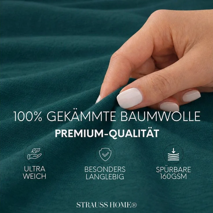 Strauss Home Spannbettlaken Premium 160 g/m² Gekämmte Baumwolle Jersey in Hotelqualität, Gummizug: Rundumgummi, OEKO-TEX®-zertifiziert - Hotelqualität – Formstabil & Langlebig