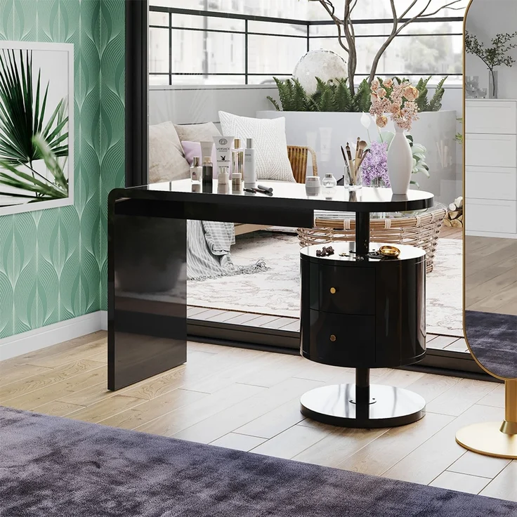 Schminktisch Lara Schwarz Hochglanz 120 cm mit 2 Schubladen Vicco – Bild 4