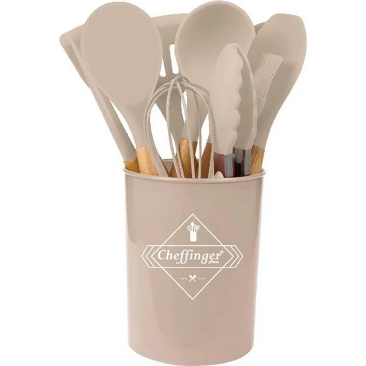 12-tlg Küchenhelfer Kochbesteck Set Kochgeschirr Silikon Holzgriff Beige – Bild 3