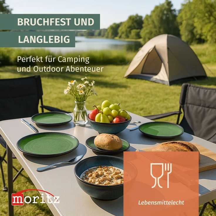 Moritz Camping Tafelgeschirr aus Melamin für 4 Personen 12-teilig | spülmaschinenfest | Picknick Geschirrset | Geschirr Campinggeschirr I Stone Green Design – Bild 3