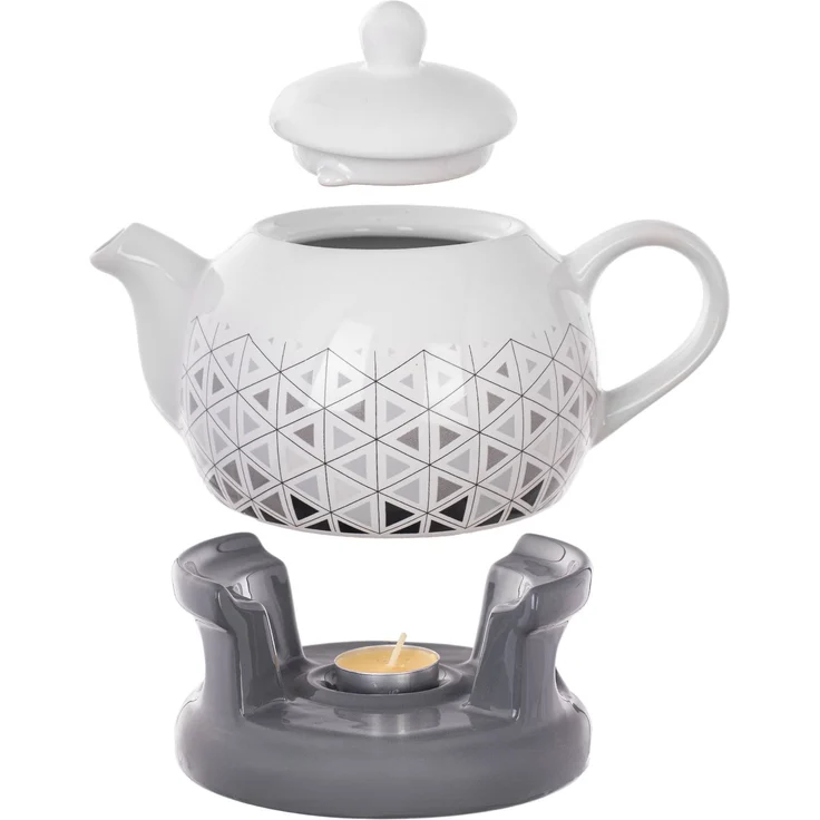 KADAX Teekanne 1L mit Stövchen Set, Kaffeekanne aus Porzellan mit Deckel, Griff und Teestövchen, Kanne mit Teelicht Wärmer für Tee, Teeservice (Grau/Weiß) – Bild 4