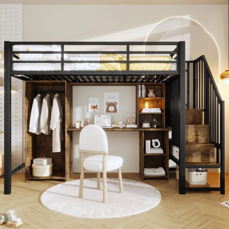 Hochbett mit Schreibtisch, Bücherregal, Kleiderschrank und Rausfallschutz, 90x200cm, Treppe mit Regal, Kinderbett, Metallbett – Bild 2