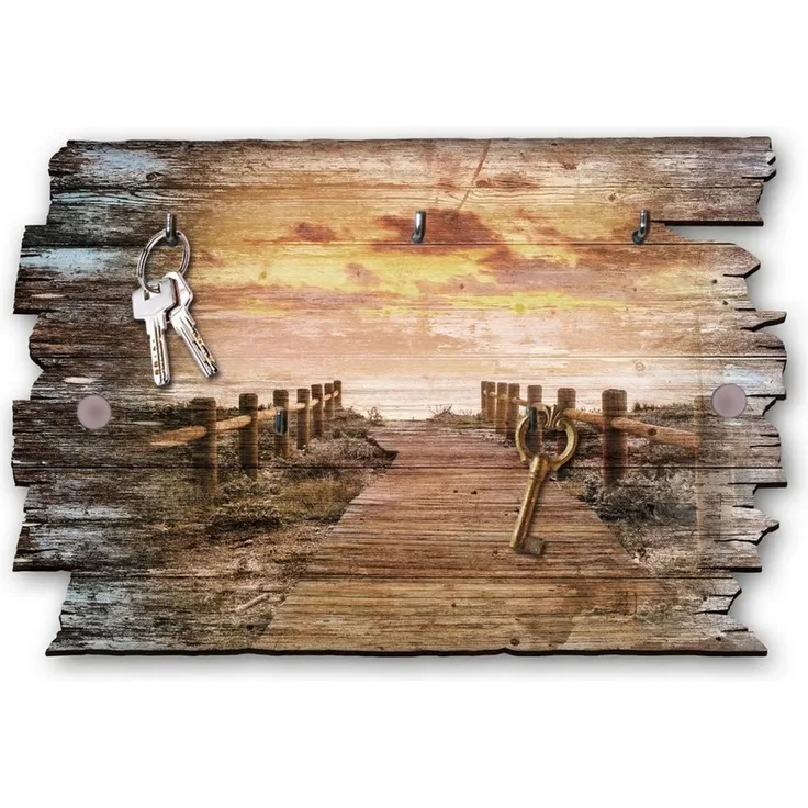 Kreative Feder Schlüsselbrett, Shabby Style, aus Holz, mit 5 Haken, 30x20 cm, Natur, Landschaft, Meer