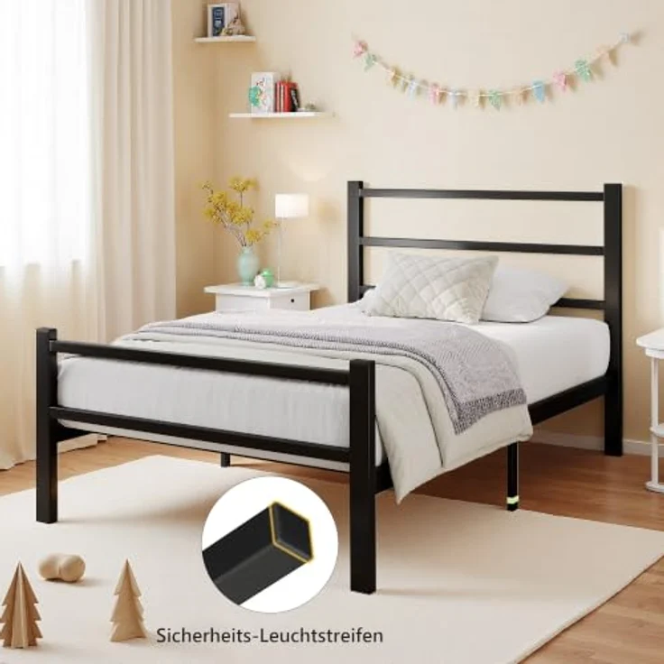 Feonase Einzelbettgestell aus Metall mit stilvollem Kopfteil und Fußteil, Einzelbettgestell, einfache Montage, reichlich Stauraum unter dem Bett (schwarz, 90x200 cm) – Bild 3