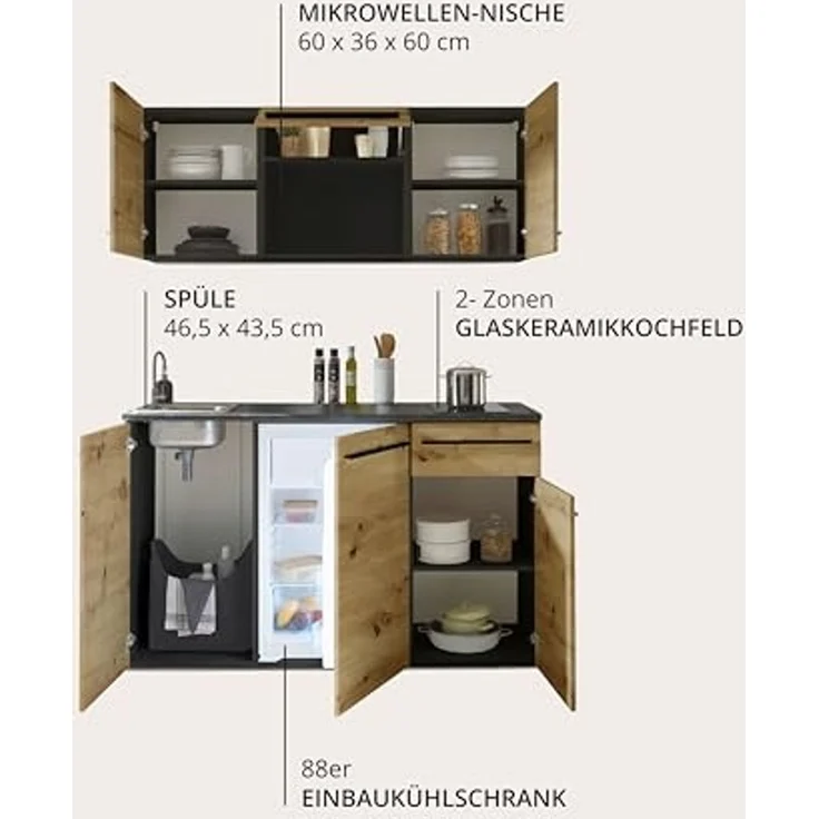 Bega BBK Küchenblock mit E-Geräten JAZZ SINGLE Z 160 - Küche in Artisan Eiche-Anthrazit – Bild 4