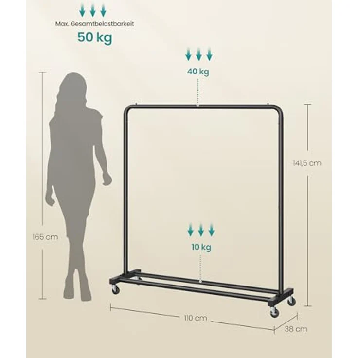 SONGMICS Kleiderständer, Kleiderstange auf Rollen, Garderobenständer, 2 Rollen mit Bremse, Schlafzimmer, bis 50 kg belastbar, 38 x 110 x 141,5 cm, tintenschwarz HSR016BH01 – Bild 6