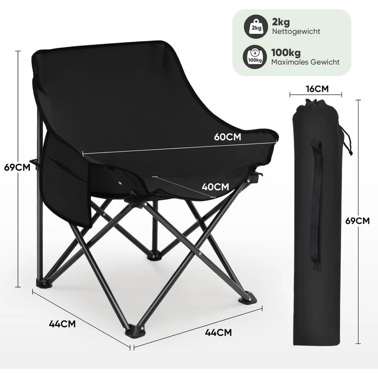 Sunula Campingstuhl Faltbar Angelstuhl Klappsessel mit Tragetasche für Garten, mit Tragetasche, Klappstuhl bis max. 100 kg, Schwarz – Bild 6