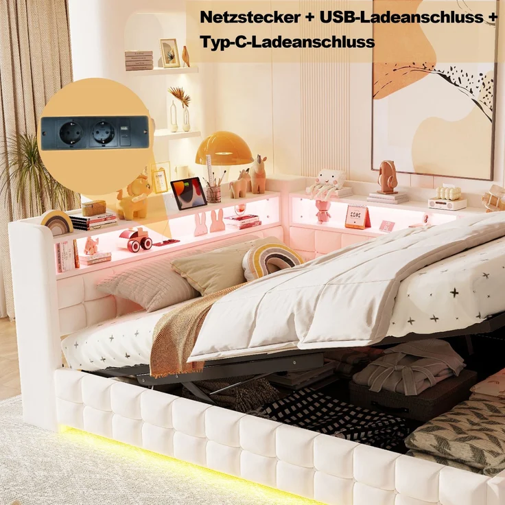 EINHOM Multifunktionales Polsterbett Schlafsofa 140 x 200 cm, mit Hydraulischem Stauraum, Holzregal, LED-Lichtleiste, Steckdose, USB- und Typ-C-Ladeanschlüssen, Lattenrost-Unterstützung, Samtstoff Beige (Ohne Matratze) – Bild 6