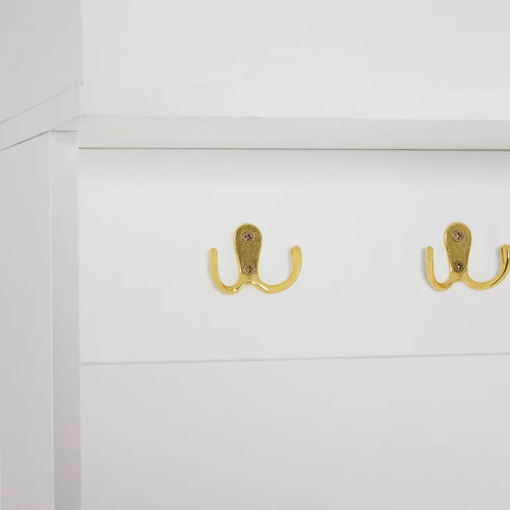 Merax Garderobenset mit Bank, multifunktionale Aufbewahrungsbank, offene Aufbewahrung,6 goldene Haken und Füße, geeignet für Flur, Wohnzimmer, weiß, B120/D23.5/H191.5CM – Bild 7
