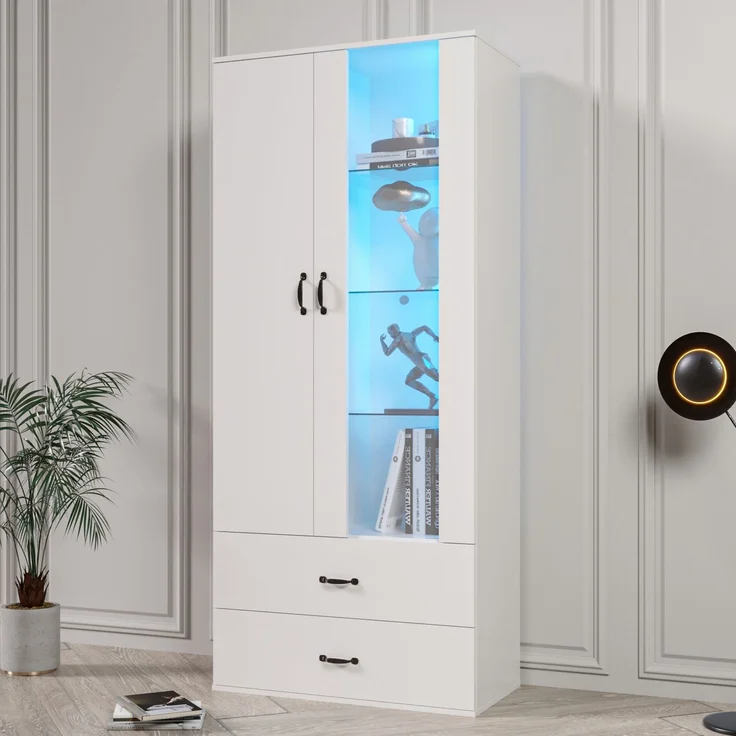 (319020021WAA))LED-beleuchtete Vitrine, 2 Türen, Standvitrine mit transparenter Tür, freistehende Vitrine Weiße LED-Vitrine Wohnzimmer Wohnzimmerwand LED-Vitrine LED-Schrank Buffetschrank--Weiß--59.5x35x182cm--YOUDENOVA – Bild 8