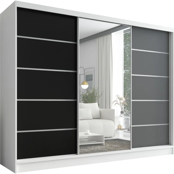 A&J MöbelLand Schwebetürenschrank AURELIA, Weiß, Schwarz, Graphit, Leiste: Weiß – Bild 1