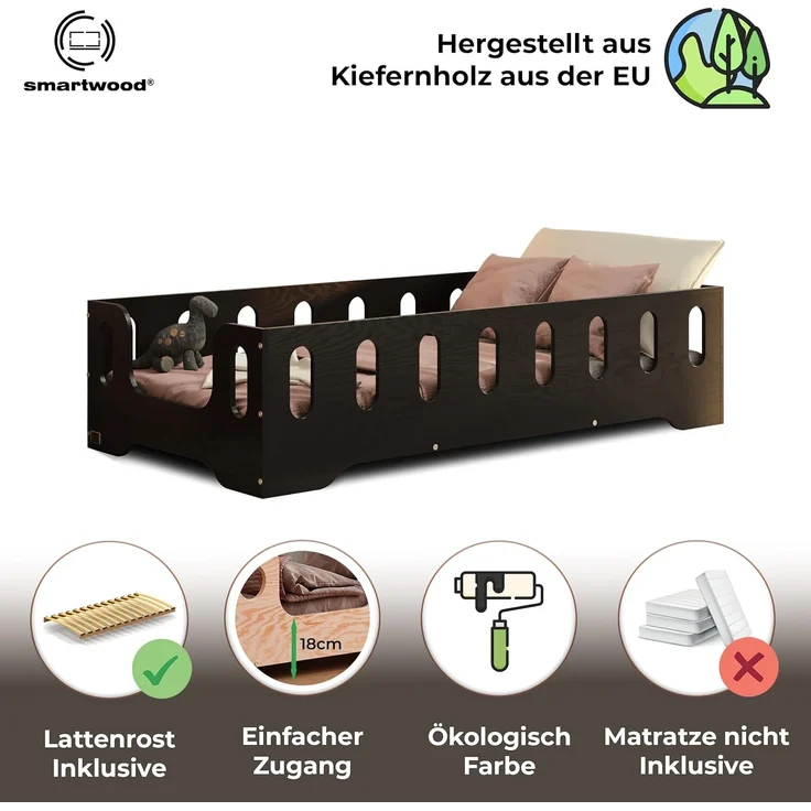 smartwood Kinderbett Bodenbett 90x190 mit Rausfallschutz & Lattenrost - Schwarz - Kinder Montessori Bett TILA 2B mit glatten Kanten - Betten für schnelle Montage - Bis 230 kg belastbar – Bild 3