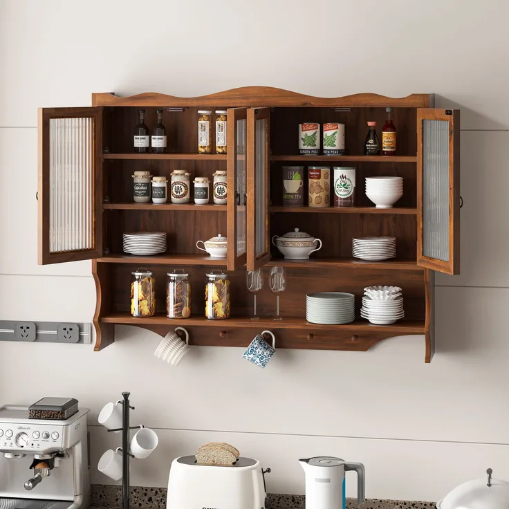 Abrihome Retro-Wandschrank mit 4 Türen und Haken, Braun, 100x20x80 cm