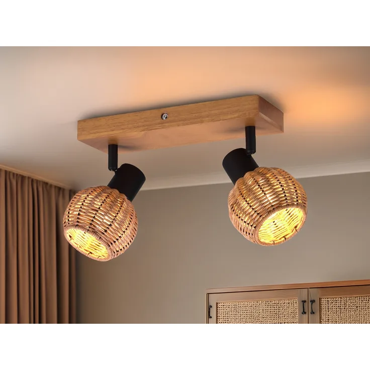 Deckenstrahler TAVAR 2-flammig Holz mit Rattan Korbgeflecht, Breite 30cm