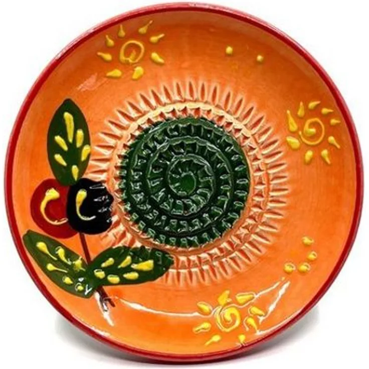 Kaladia Multireibe Reibeteller in orange mit Sonnen- & Olivenmuster, Keramik, handbemalte Küchenreibe - Made in Spain
