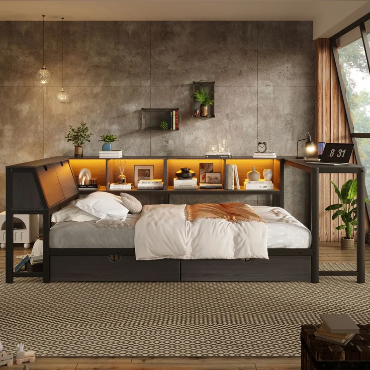 U-life Metallbett 90x200 cm, für Jugendliche, LED-Beleuchtung, Schreibtisch & Schubladen, Multifunktionales bett, MDF, Schwarz – Bild 3