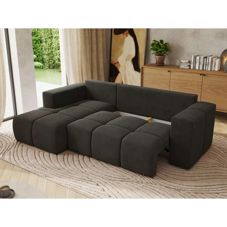 Ecksofa mit Schlaffunktion und Bettkasten, L-form Couch, lose Kissen, Polstersofa - MONIVA - Dunkelgrau Velours - linke Seite – Bild 4