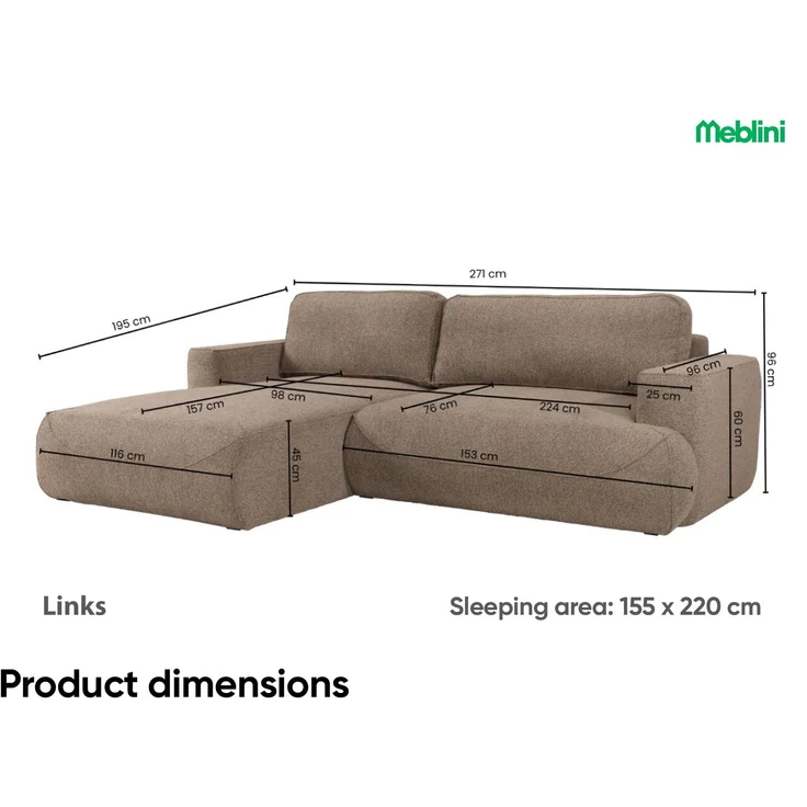 MEBLINI Schlafcouch mit Bettkasten – LUMIERE – 271x195x96cm – Links – Dunkelgrau Samt - Ecksofa mit Schlaffunktion - Sofa mit Relaxfunktion und Kissen - Couch L-Form – Eckcouch – Bild 6