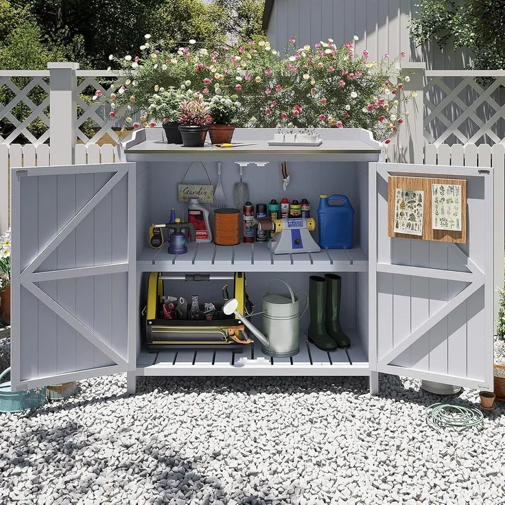 Aoxun Gartenlagerhaus aus Holz, Werkzeugschrank mit verzinkter Platte und verstellbarem Regal, Pflanzwerkbank für Gartengeräte, 98 x 47 x 94 cm, Grau