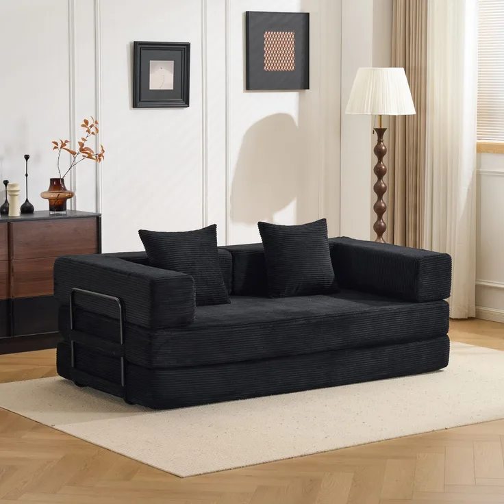 Bodensofa, Kompressionssofa, Schlafsofa mit Kissen, Rückenlehne und Armlehnen, bequemes Futon-Sofa, Cordstoff, für Wohn- und Schlafzimmer, Schwarz--Schwarz--185x92.5x60cm--YOUDENOVA