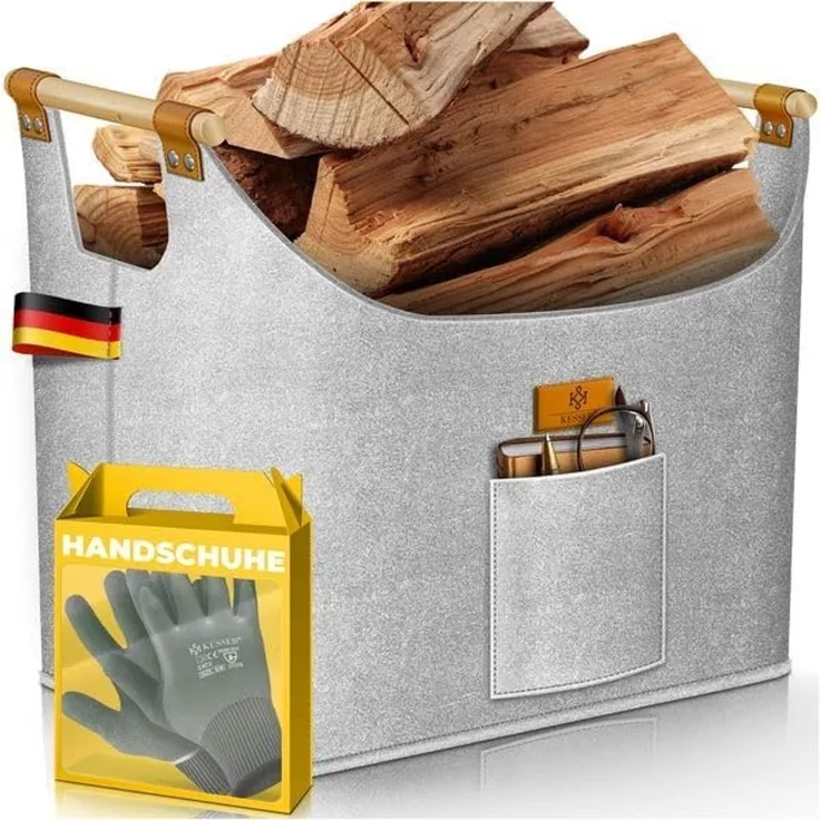 KESSER® Brennholzkorb | Kaminholztasche extra dicker Filz | Feuerholzkorb faltbar mit verstärkten Holzgriffen | Aufbewahrungskorb für Holz, Zeitung oder Brennholz | Inkl. Arbeitshandschuhen Hellgrau, 60 Liter