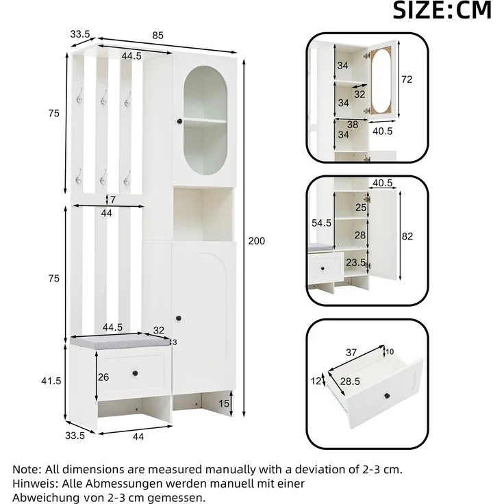 85*33.5*200cm Kompaktgarderoben,Startseite Möbel Mit 2 Schränken,Aufbewahrungsschrank aus gehärtetem Glas, Garderoben-Set Weißer Eingangsschrank, Garderobenständer mit Schuhbank und Polster – Bild 6