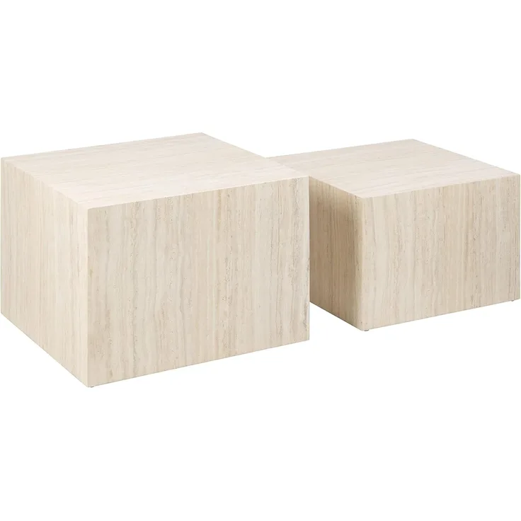 AC Design Furniture Dicte Quadratischer Couchtisch 2er-Set, Beige mit Travertinoptik, Eleganter Wohnzimmertisch, Beistelltisch für Wohnzimmer, B: 58 x H: 40 x T: 58 cm und B: 50 x H: 33 x T: 50 cm