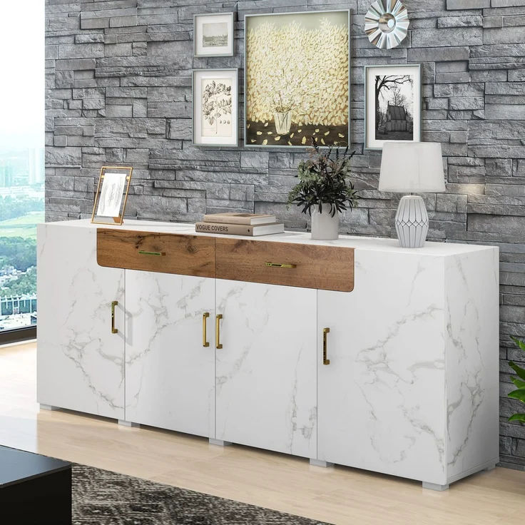 Sideboard weiß marmoriert mit Eiche-Front, modernes TV-Sideboard, Wohnzimmer-Kommode mit 2 Schubladen und 4 Türen – Bild 4